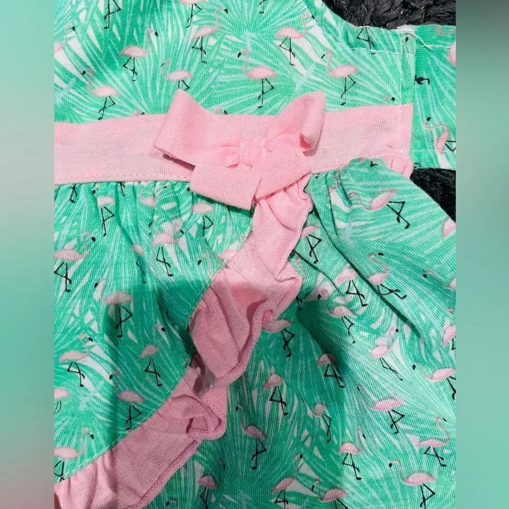 GREEN&PINK FLAMINGO RUFFLE AND BOW ADORABLE AND GIRLY DOG DRESS SIZE MED…